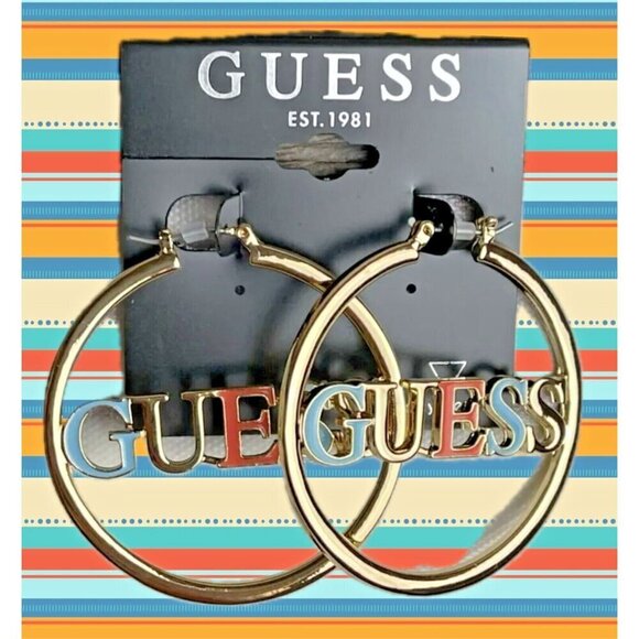 Guess Gold-Toned Logo Letter Spelling Coral-Blue Medium Size Hoop Earrings - Picture 1 of 3